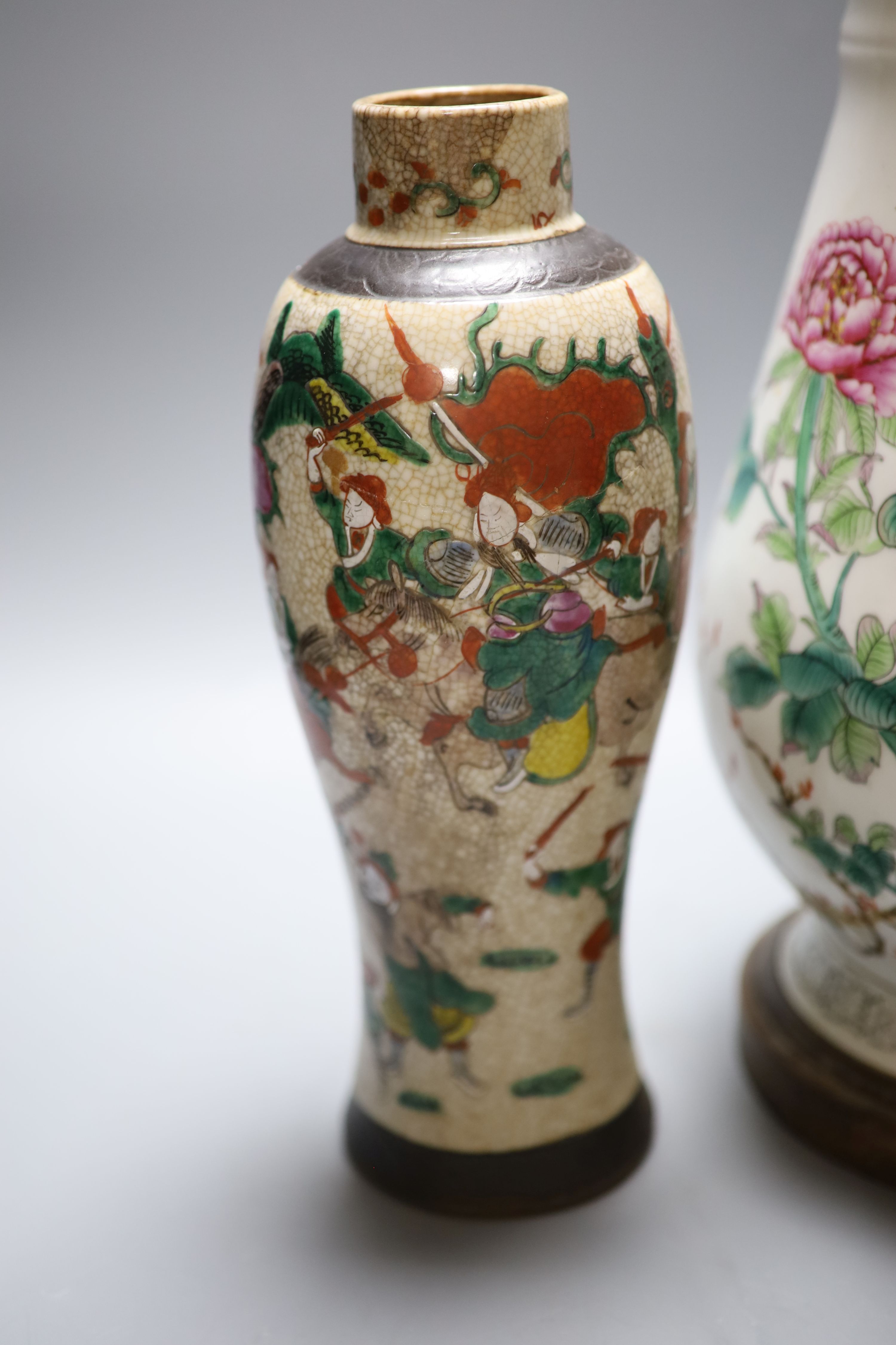 A Chinese crackleglaze vase and a famille rose lamp, height 36cm